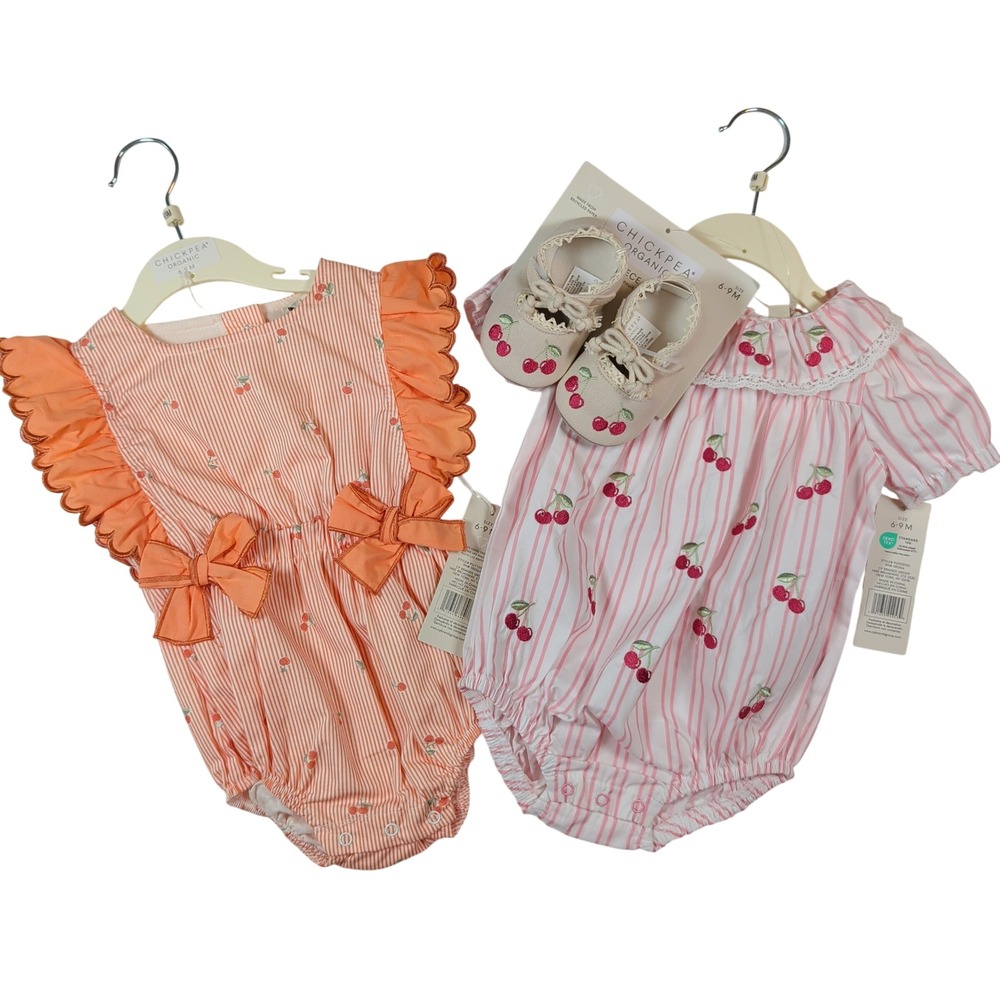 Chickpea Organic Romper Set Baby Girl 6-9M Orange Pink Striped Cherry 3pc